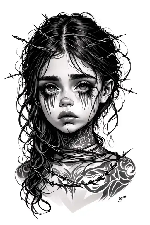 girl cry with barbed wire around neck turns tattoo design idea