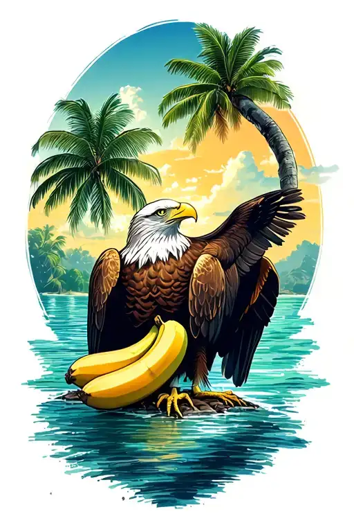 Eagle and Banana tree on a island outline tattoo design idea