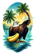 Eagle and Banana tree on a island outline tattoo design idea