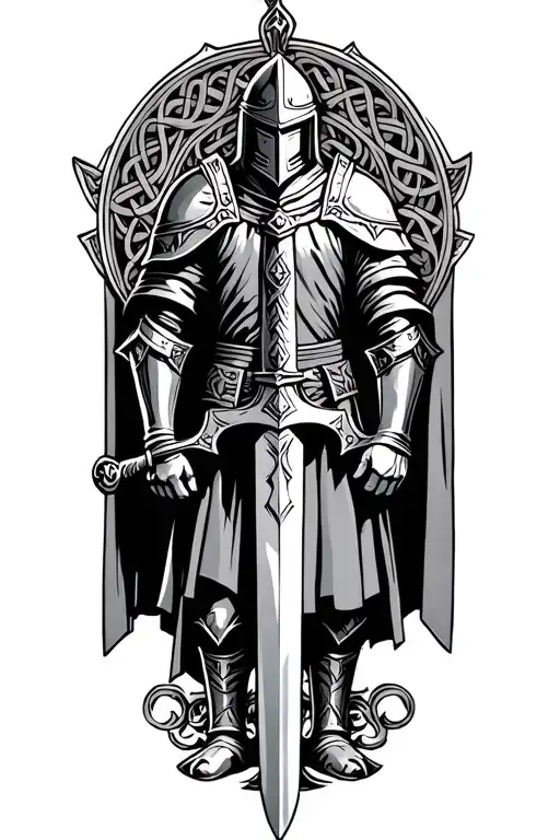 helmeted Celtic knight with claymore sword standing on battlefield tattoo design idea