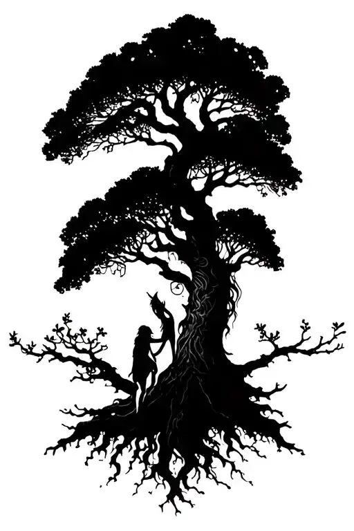 sexy freya norse goddes connecting on tree growing, body is made parth of tree, no nude tattoo design idea