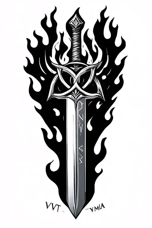 Bonfire from Dark Souls 3. Letters VTVMLA on sword hilt. tongues of flame intertwined in a sign of Virgo tattoo design idea