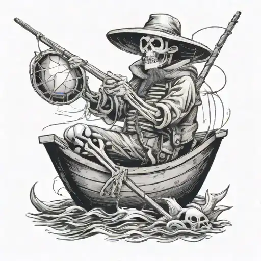 a skeleton fisherman with an asian hat sitting on a fisher boat trying toi catch a fish but the fish slips out of the fi tattoo design idea