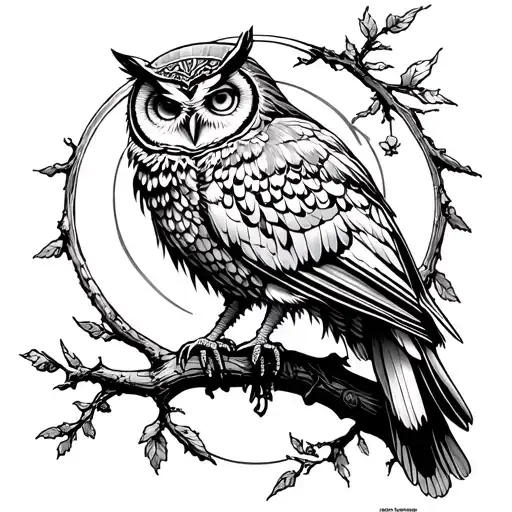 goddess Athena with owl perched on a branch tattoo design idea