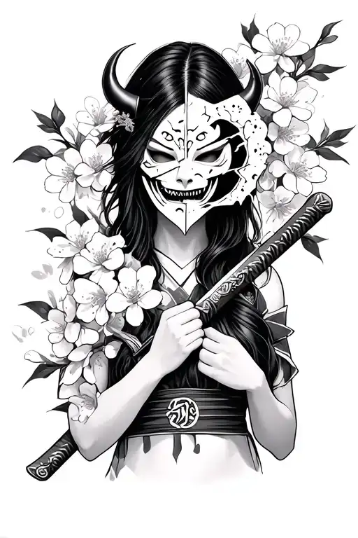 girl with half broken oni mask holding katana surrounded by sakura flowers tattoo design idea