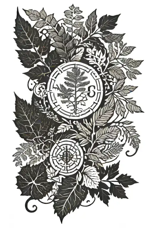 Nature themed, Fern leaves surrounded by nature, Runes in a nordic style tattoo design idea