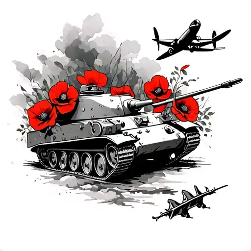 Black and white ww2 tattoo with tank and spitfire and red poppies tattoo design idea
