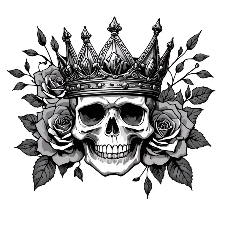 skull, crown, roses, American traditional tattoo design idea