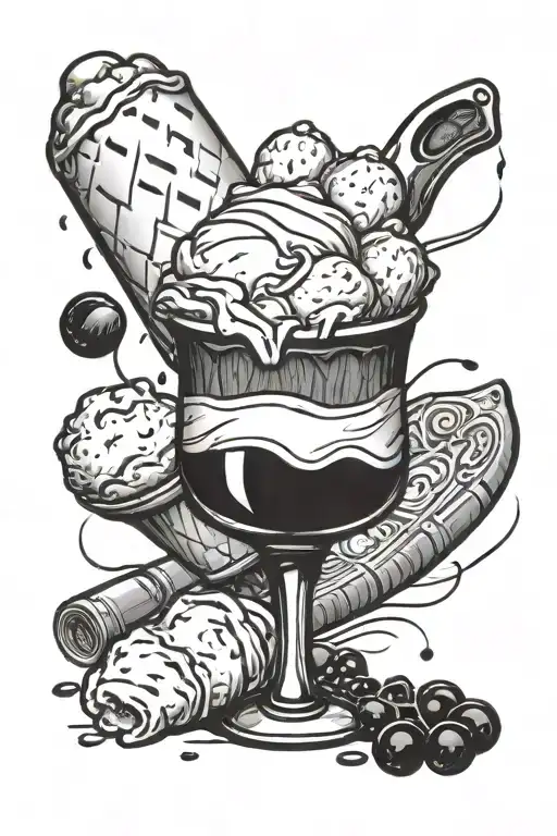 ice cream, wine bottle , knife tattoo design idea