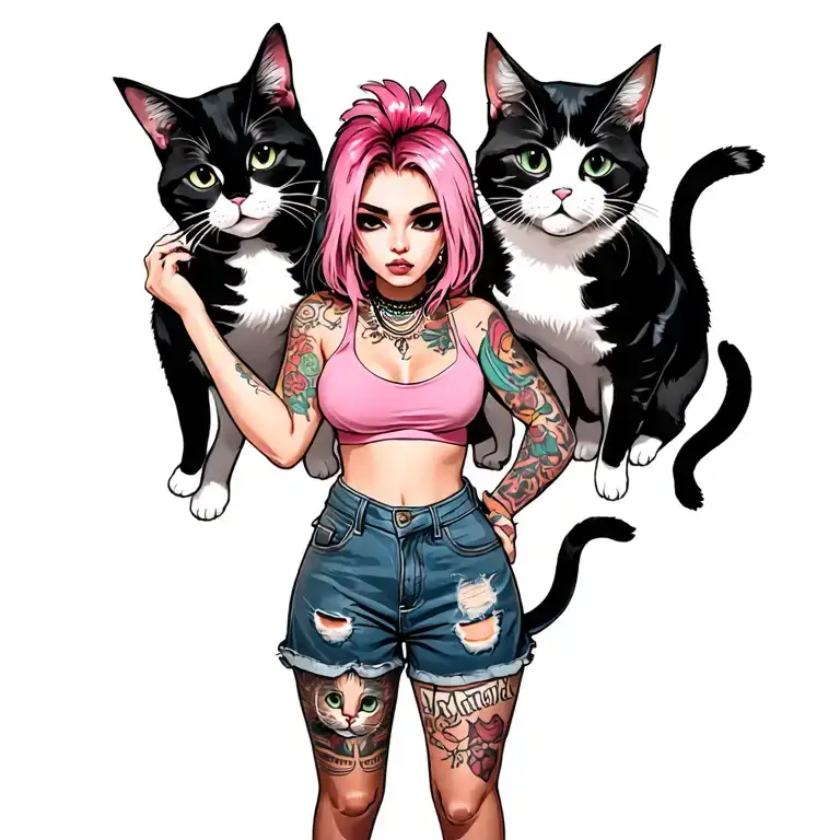woman punk with gang of cats tattoo design idea
