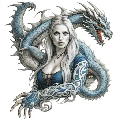 girl with long hair and blue eyes white dragon tattoo design idea