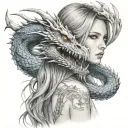 girl with long hair and blue eyes white dragon tattoo design idea