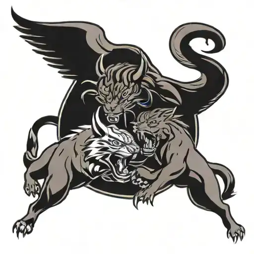 bull, bobcat, hawk mascots fighting each other tattoo design idea
