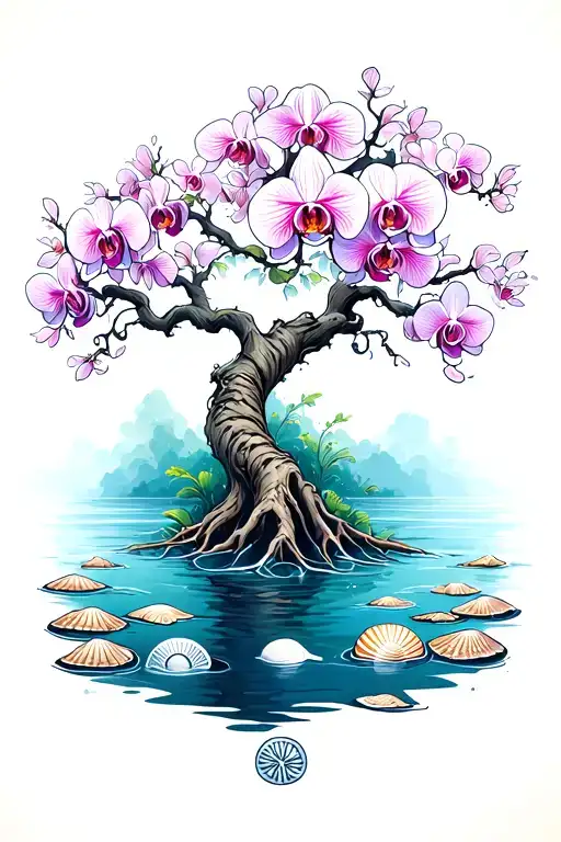 orchid blossom tree, Geminglyph symbol shaped tree trunk roots reaching deep water with sand dollars sea shells scenary  tattoo design idea