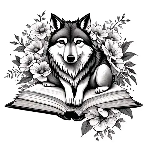 Feminine tattoo wolf sitting on an open book with flowers  tattoo design idea