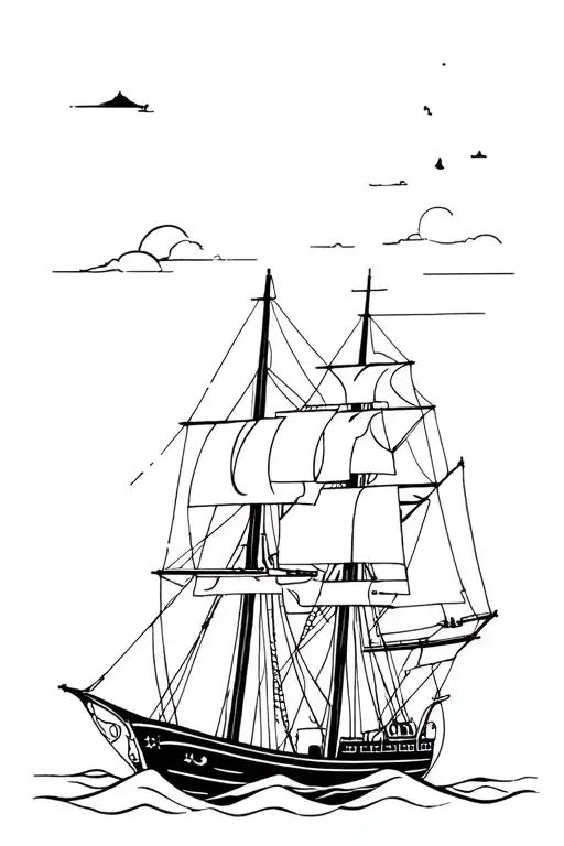 old ship and shapes in the background tattoo design idea