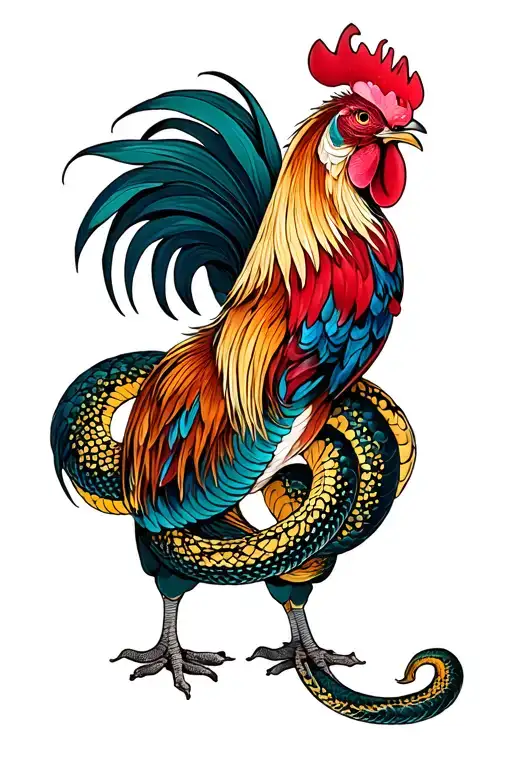 Japanese rooster and snake wrapped tattoo design idea