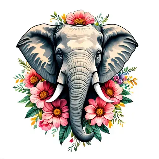 small elephant head surrounded with flowers wrapped tattoo design idea