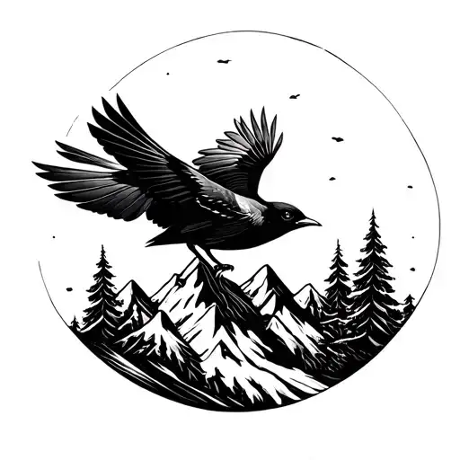 flying blackbird mountain scene tattoo tattoo design idea