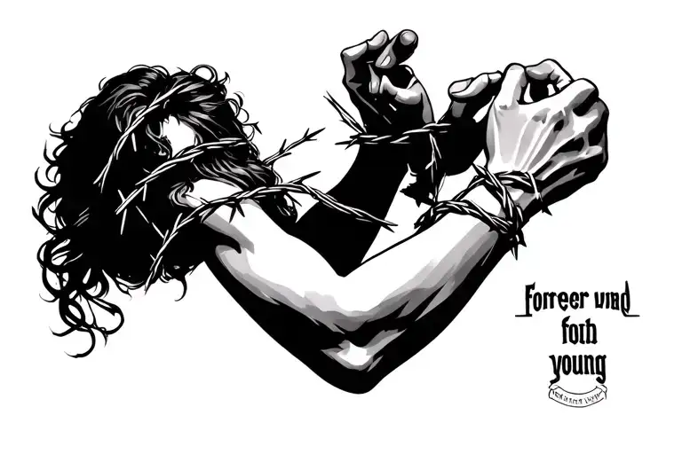 forever young with barbed wire wrapping around the bicep  tattoo design idea