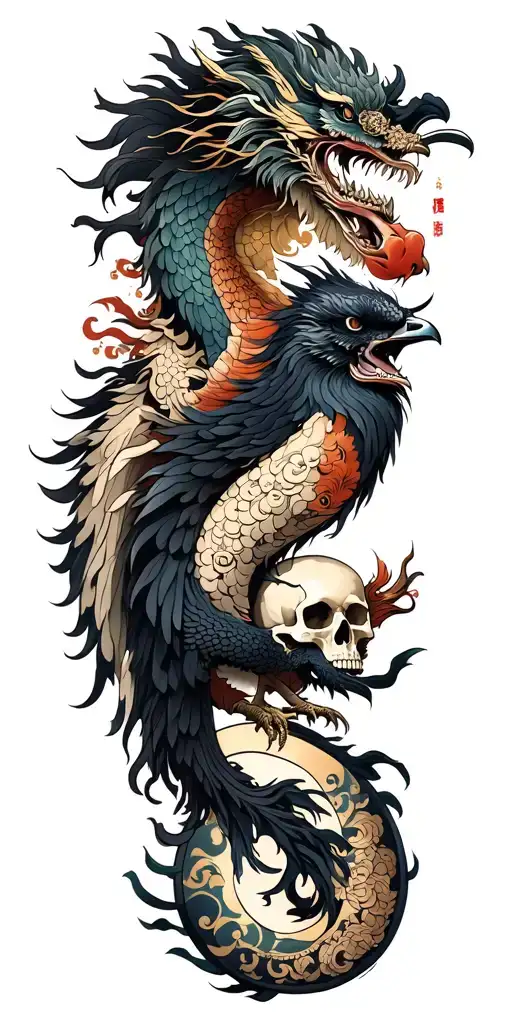 Chinese dragon and phoenix and skull and moon and raven tattoo design idea
