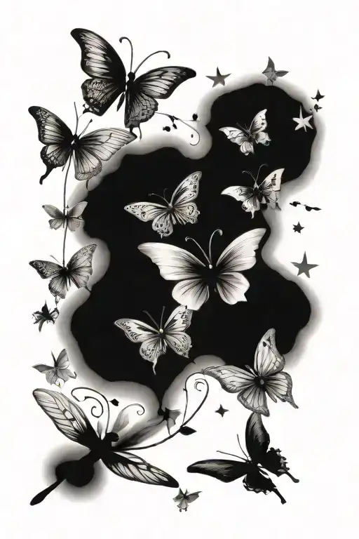 stars butterflies dragonflies flying tattoo design idea