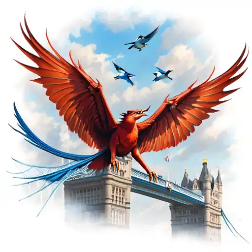 Two Red Wyverns, Flying around the London Bridge. With several smaller Blue Jays sharing the sky. tattoo design idea