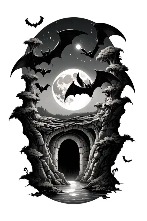 bats and caves with the moon surrounded tattoo design idea