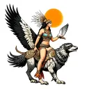 Aztec goddess eagle woman riding Aztec animal with sun above and a dove tattoo design idea