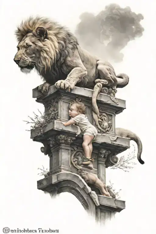 baby human crawling up heaven stairs with lion head tattoo design idea