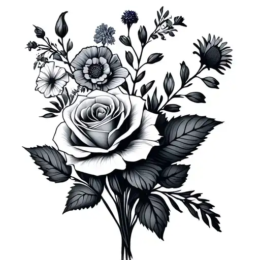 minimalist black tattoo with bouquet of one rose, one carnation, one larkspur, one violet and 2 asters flowers  with 3 i tattoo design idea