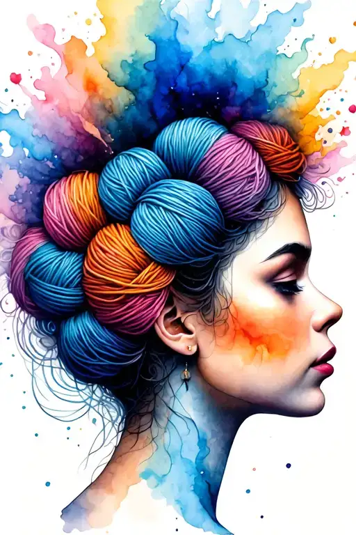 side profile female face with yarn exploding from top it tattoo design idea