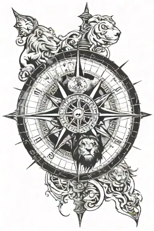 A huge compass with grunge detail. Within the compass itself, you see a lion and a ship sailoring tattoo design idea