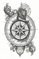 A huge compass with grunge detail. Within the compass itself, you see a lion and a ship sailoring tattoo design idea