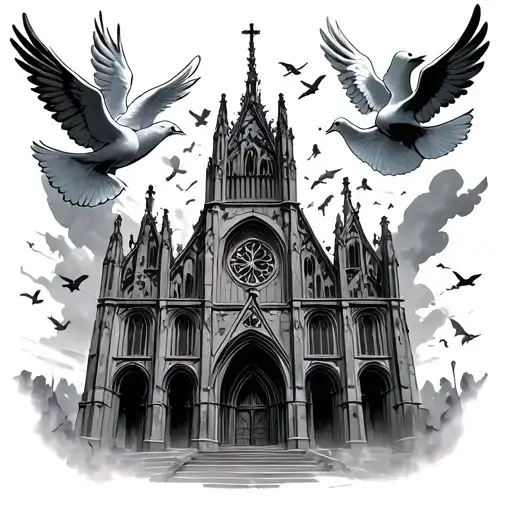 gothic cathedral church with doves and angels flying out top tattoo design idea