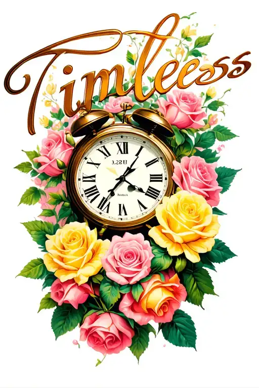 the word "Timeless" in flowing script surrounded by pink and yellow roses, along with a clock showing the time 2:30 tattoo design idea