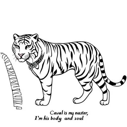 A Tigress, That Has Been Tamed With Collar that Says "Caval is my master, I'm his body and soul" tattoo design idea