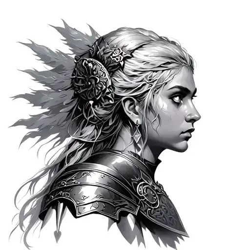 goddess freya norse goddes wearing valkarie armour side profile with white eyes tattoo design idea