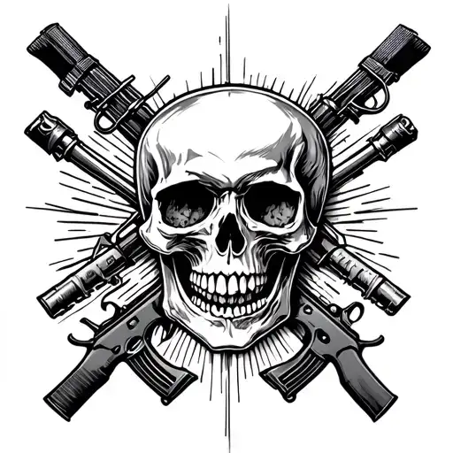 Skull, rifle and ego service inscription tattoo design idea