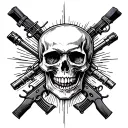 Skull, rifle and ego service inscription tattoo design idea