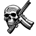 Skull, rifle and ego service inscription tattoo design idea