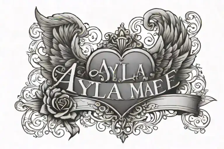 Ayla Mae name tattoo with heart and wings and filigree  tattoo design idea