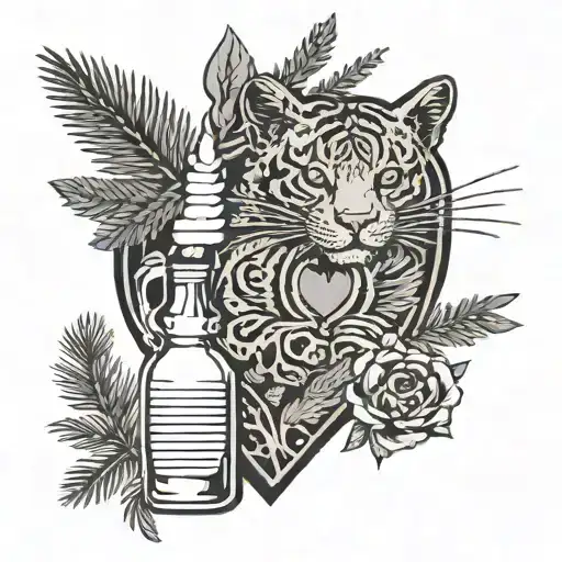 patch work heart with pine tree, cigarette, cat, tiger paw, and bottle of sage tattoo design idea