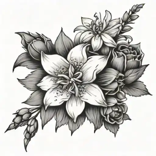 small and simple bouquet with larkspur and aster flower with a bow to tie them together  tattoo design idea