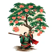 tortoise kind elderly kung fu master with staff at peach tree scene tattoo design idea