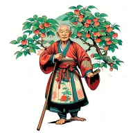 tortoise kind elderly kung fu master with staff at peach tree scene tattoo design idea