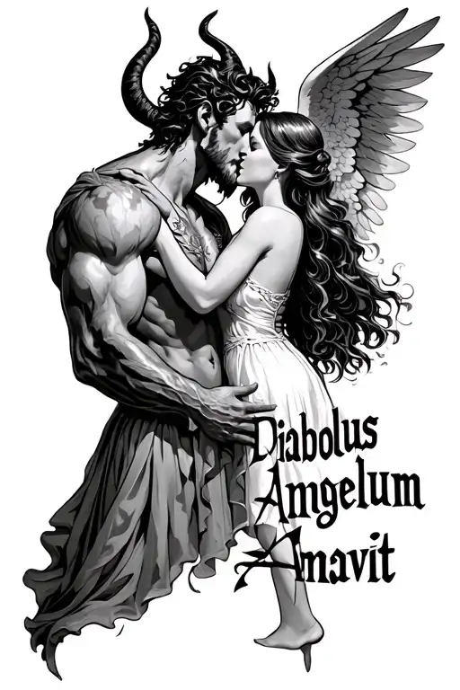"Diabolus Angelum Amavit" A devil man who kisses and hugs an angel girl tattoo design idea