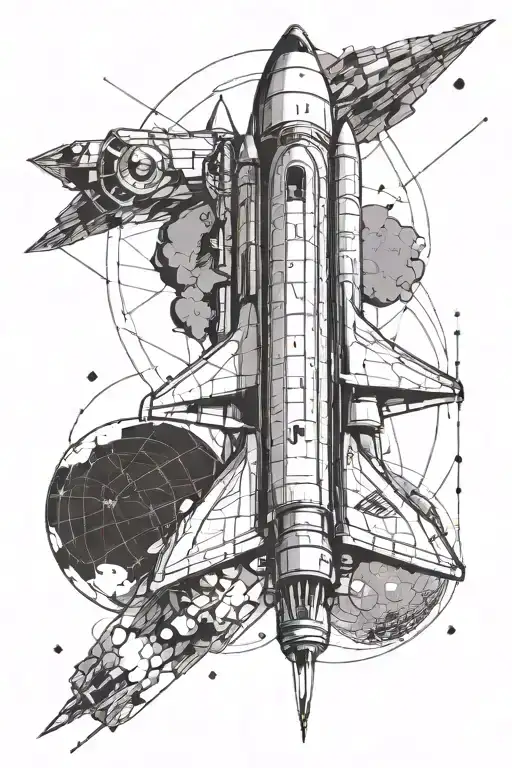 rocket launching with satellite orbit traced tattoo design idea