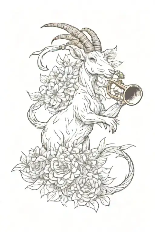 goat standing on two legs playing the trumpet flower tattoo design idea