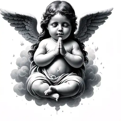 baby angels praying hands with clouds surrounding tattoo design idea
